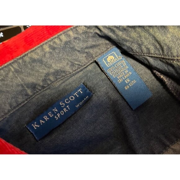 Karen Scott Blue Denim Holiday Embroidered Collared Long Sleeve Button Up Shirt - Picture 8 of 8